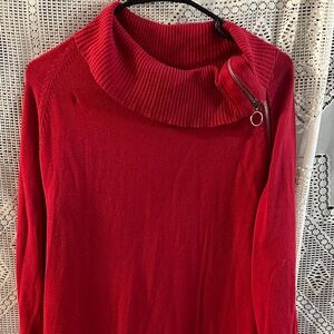 Women's Red Funnel Neck Zip-Detail Sweater